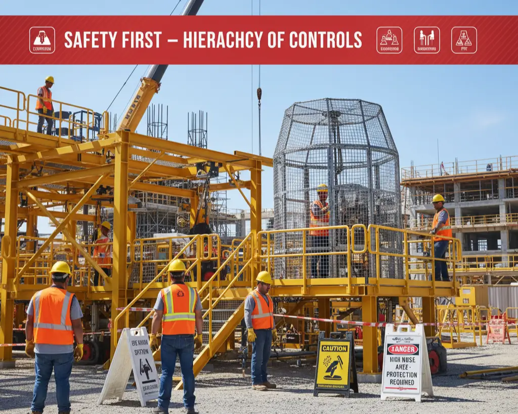 Workers following hierarchy of safety controls using PPE and engineering measures