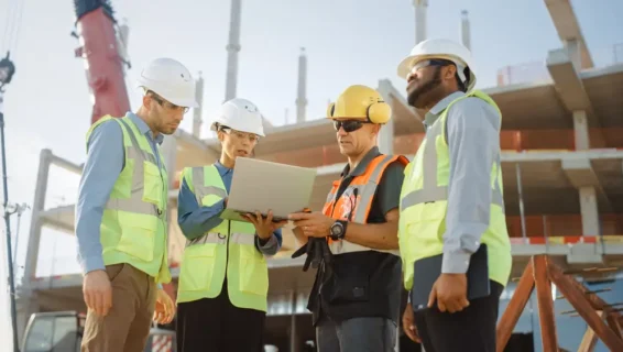 Construction supervisor leading toolbox talk with workers