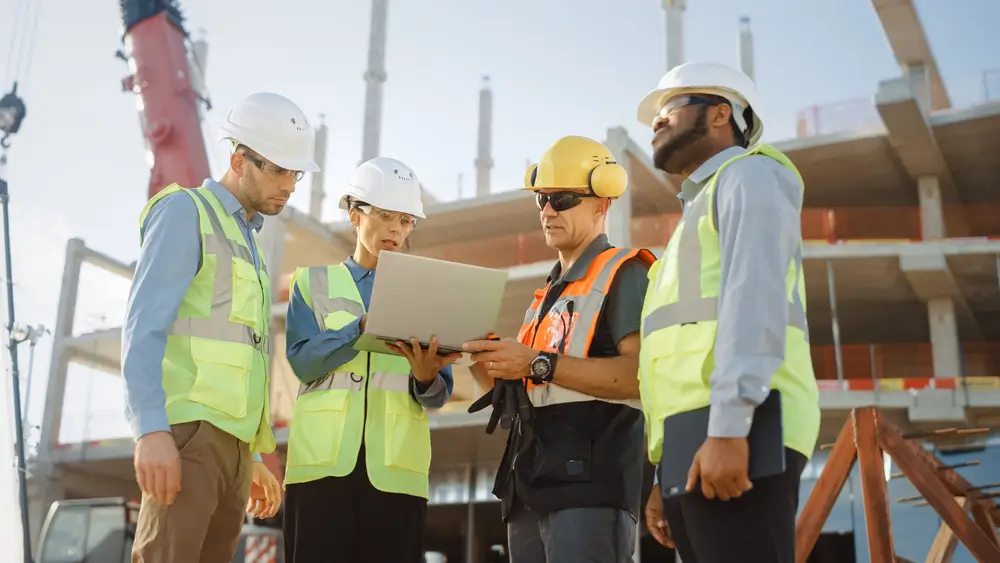 Construction supervisor leading toolbox talk with workers