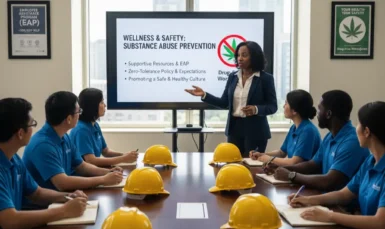 Employees attending workplace safety training during National Substance Abuse Prevention Month 2025.