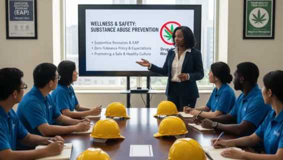 Employees attending workplace safety training during National Substance Abuse Prevention Month 2025.