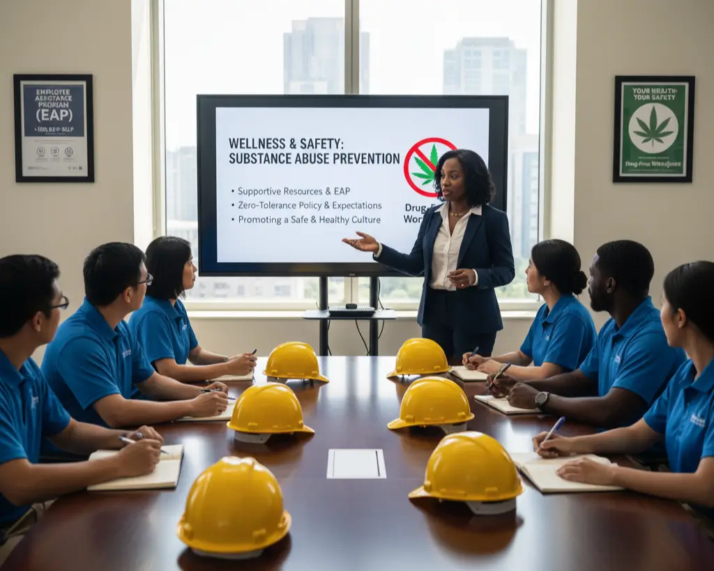 Employees attending workplace safety training during National Substance Abuse Prevention Month 2025.