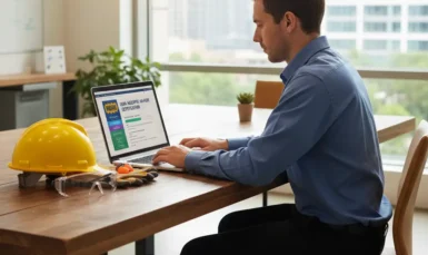 Worker learning OSHA 10 or 30 course online with safety gear.