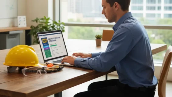 Worker learning OSHA 10 or 30 course online with safety gear.