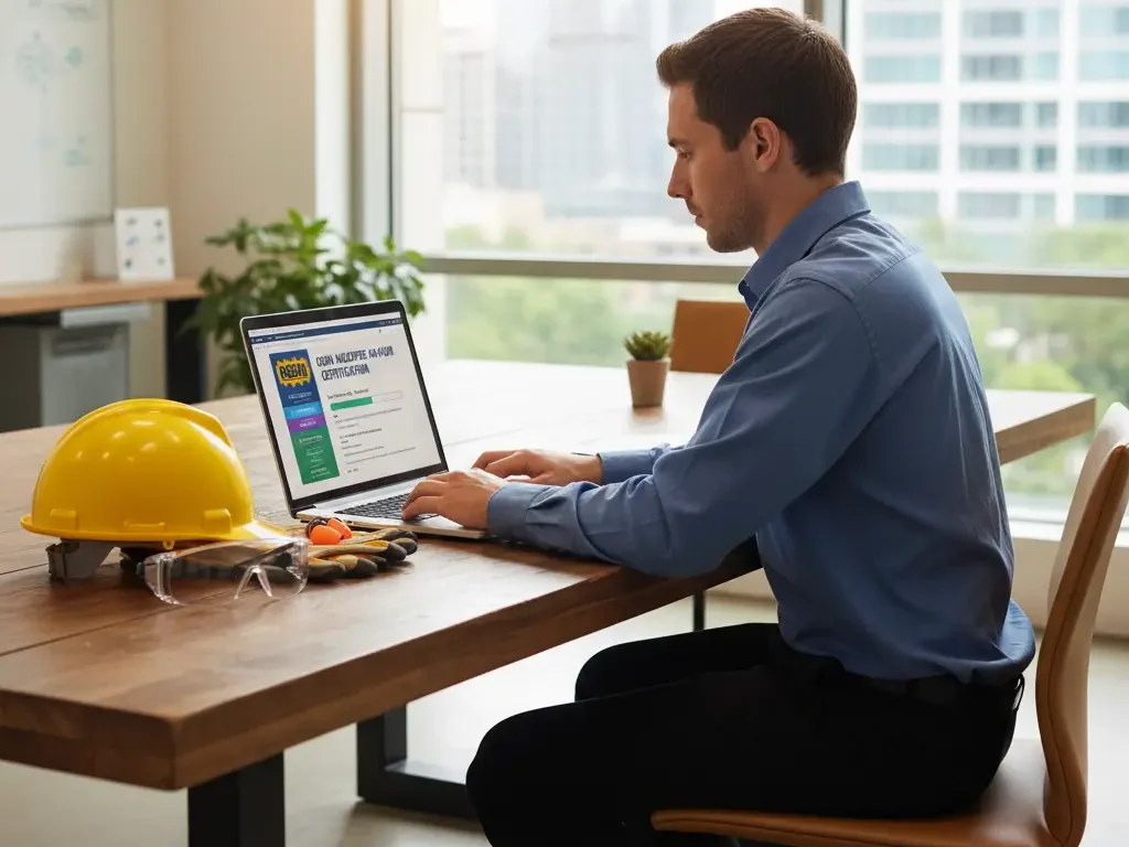 Worker learning OSHA 10 or 30 course online with safety gear.