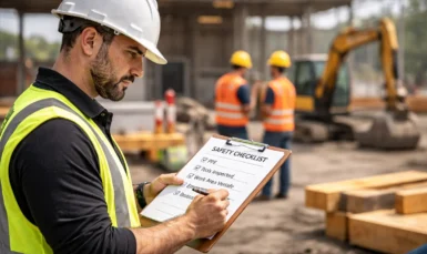 Construction worker making safety decision on job site while reviewing checklist