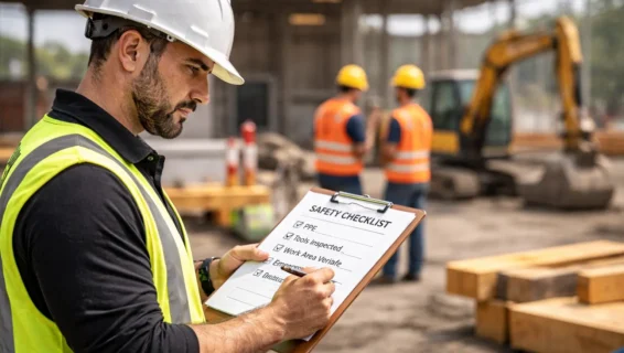 Construction worker making safety decision on job site while reviewing checklist