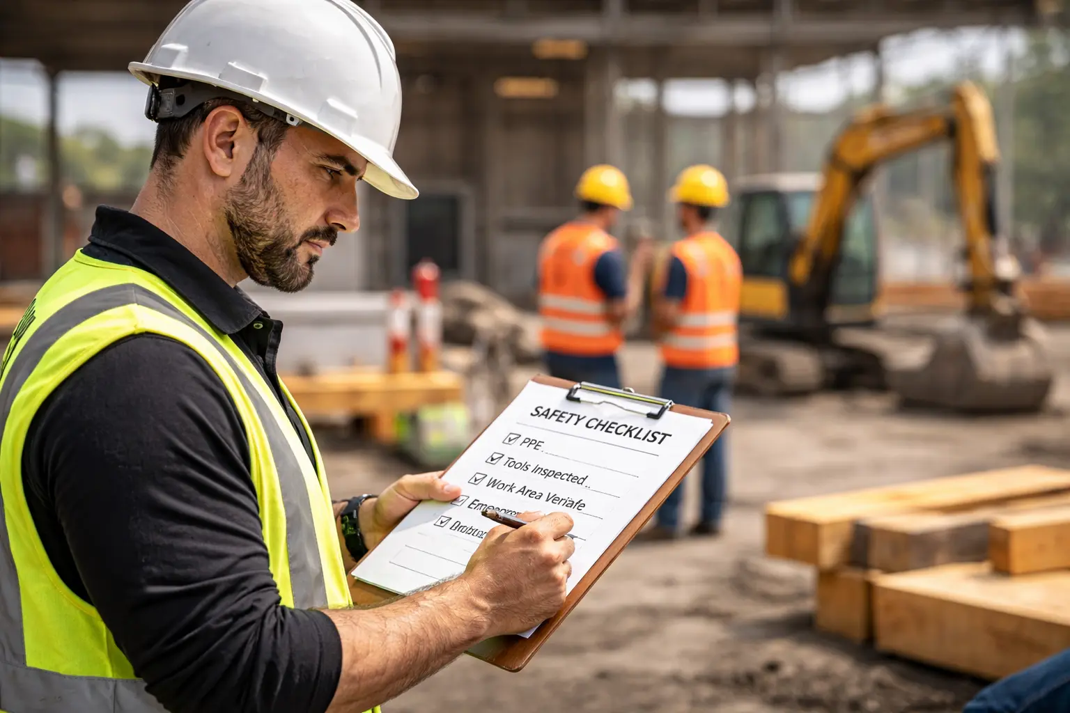 Construction worker making safety decision on job site while reviewing checklist