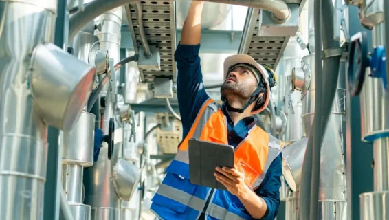 Safety officer conducting workplace audit inspection with checklist