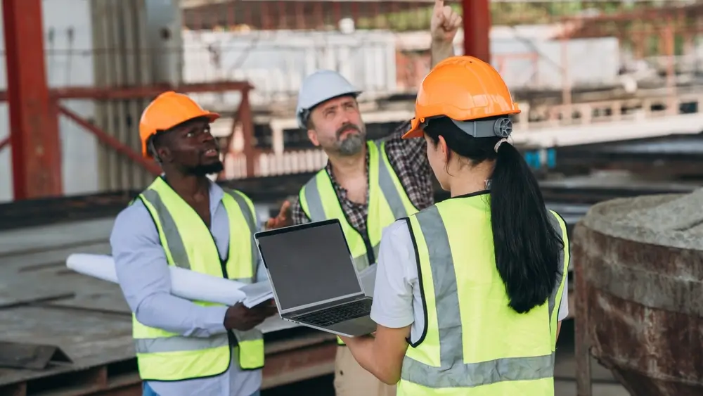Construction supervisor leading team while wearing PPE on job site