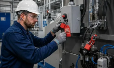 Authorized worker applying Lockout/Tagout devices before machine maintenance