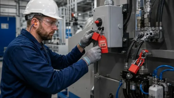 Authorized worker applying Lockout/Tagout devices before machine maintenance
