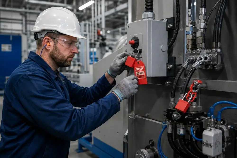 Authorized worker applying Lockout/Tagout devices before machine maintenance