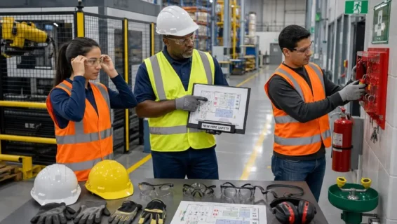 Supervisor providing hands-on workplace safety orientation to new employees