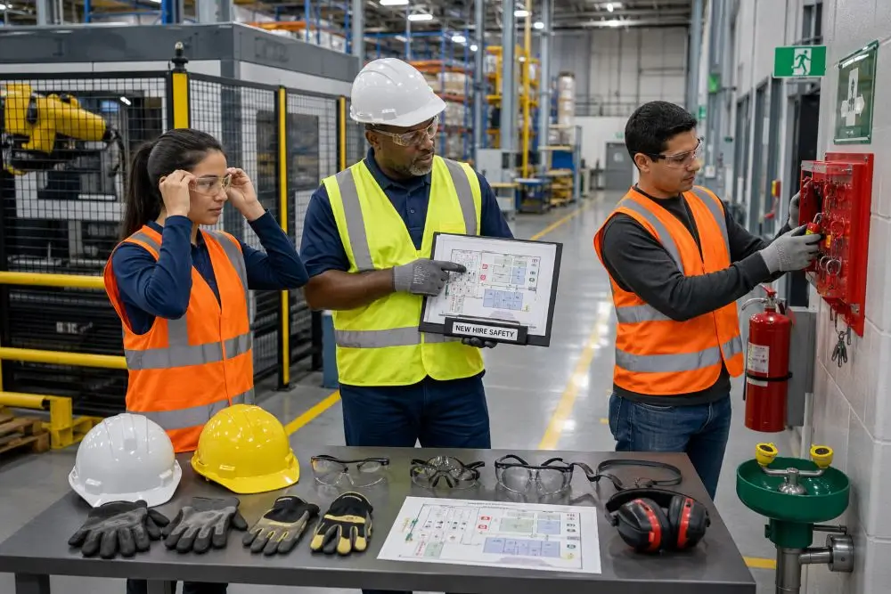 Supervisor providing hands-on workplace safety orientation to new employees