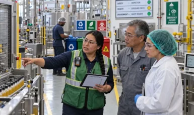 EHS Manager conducting a workplace inspection with maintenance and quality employees